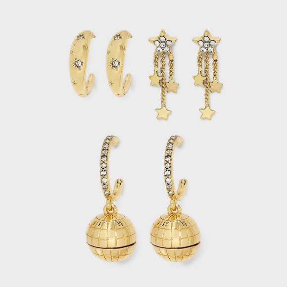 BaubleBar Jewelry - SUGARFIX by BaubleBar Party 101 New Year's Disco 3 Pair Earring Set - Gold - NWT